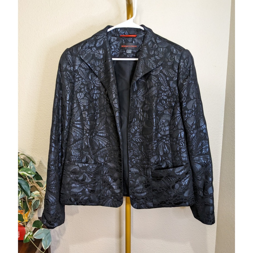Nina McLemore Black Floral Jacquard Silk Lined Evening Jacket Blazer Size 14 USA